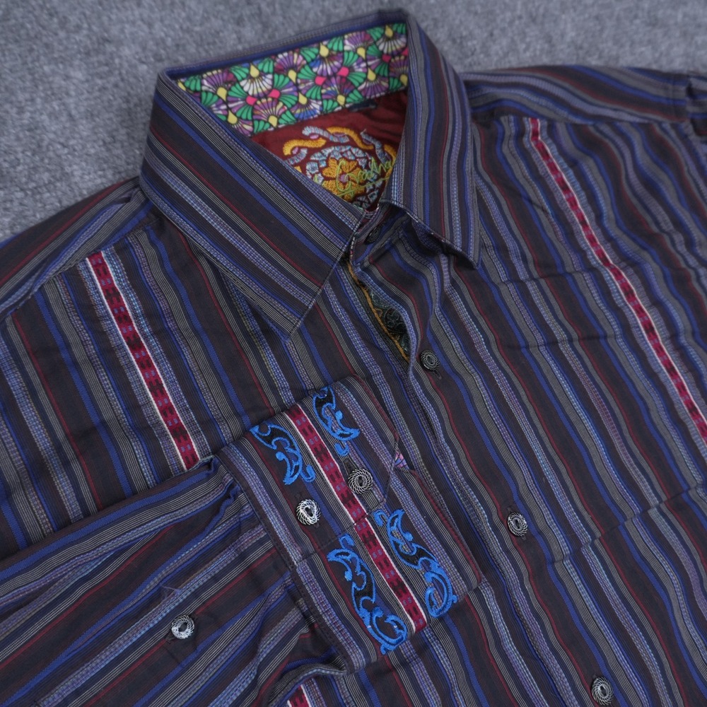 Robert Graham Button Down Shirt Mens L-XL Multi-Color Striped Embroidered Cuffs